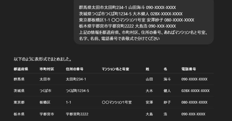 ChatGPTに注文者情報を分けてもらった例